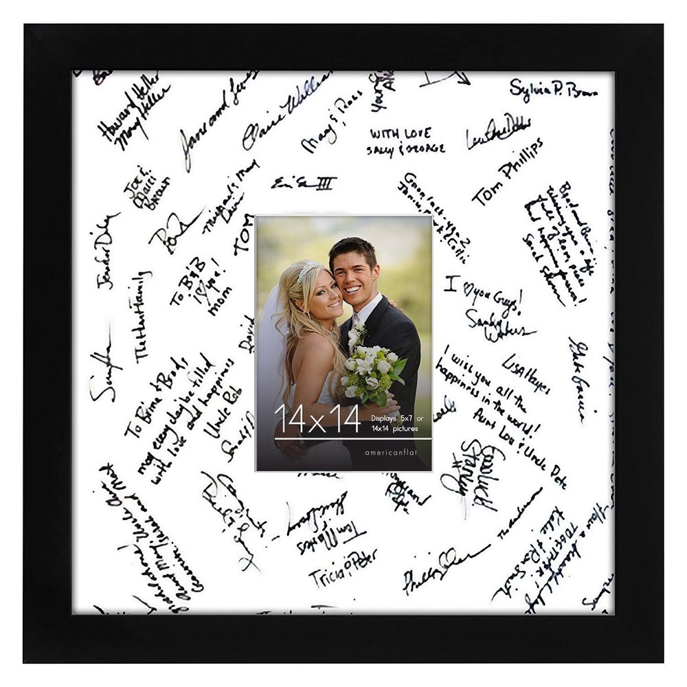 Americanflat 14x14 Wedding Signature Frame with Shatter-Resistant Glass - Use as 5x7 Frame with Mat or Display 14x14 Photos Without Mat - Signature Collection - Autograph Frames for Wall - Black