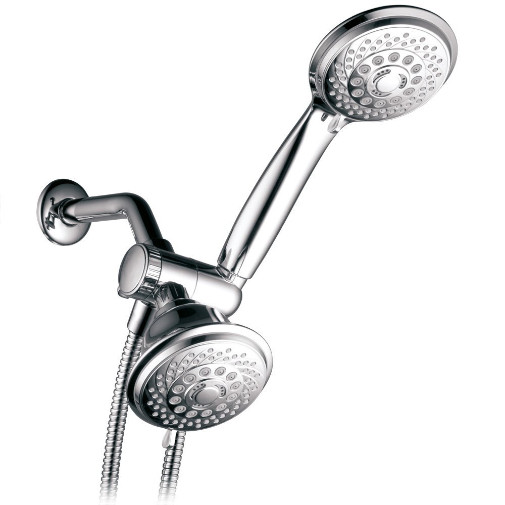 Hotel Spa 4-Inch Twin Shower Head Combo, Chrome, 30-Setting Shower Heads, 6-Foot Stainless Steel Hose, Ultra-Luxury, Showerspa