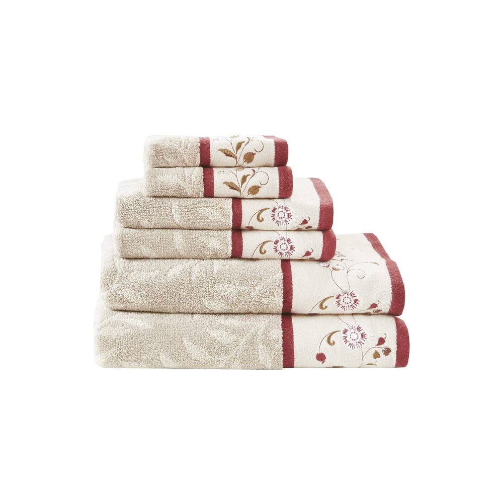 Madison Park Serene 100% Cotton Bath Towel Set Luxurious Floral Decorative Towels for Bathroom Embroidered Cotton Jacquard Design Soft Highly Absorbent for Shower 600 GSM, Multi-Sizes, Red 6 Piece