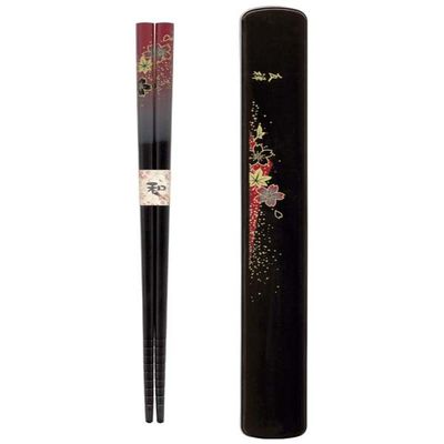JapanBargain, Japanese Travel Chopsticks with Case, Red Yuzen Design, Reusable Bamboo Chopsticks, Portable Utensil Set, Dishwasher Safe, Set of 1, Made in Japan