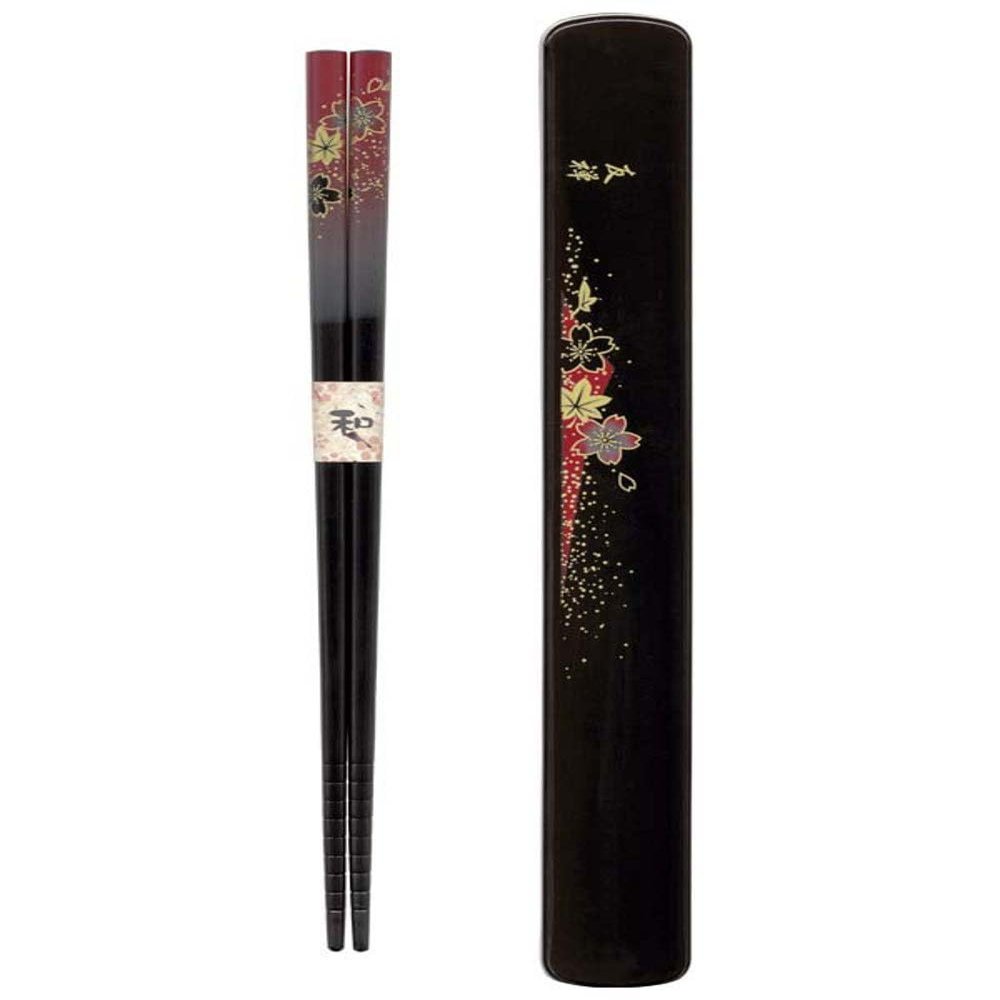 JapanBargain, Japanese Travel Chopsticks with Case, Red Yuzen Design, Reusable Bamboo Chopsticks, Portable Utensil Set, Dishwasher Safe, Set of 1, Made in Japan