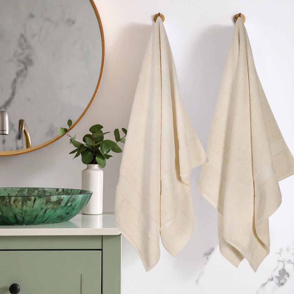 Superior Egyptian Cotton Pile Bath Towel Set of 2, Ultra Soft Luxury Towels, Thick Plush Essentials, Absorbent Heavyweight, Guest Bath, Hotel, Spa, Home Bathroom, Shower Basics, Cream