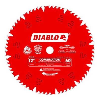 Diablo Combination Saw Blade for Wood - 12" Diameter, 60 Comb Teeth, 1" Arbor, .118" Kerf, 15 Hook Angle, .071" Plate, 6,000 Max RPM - D1260X