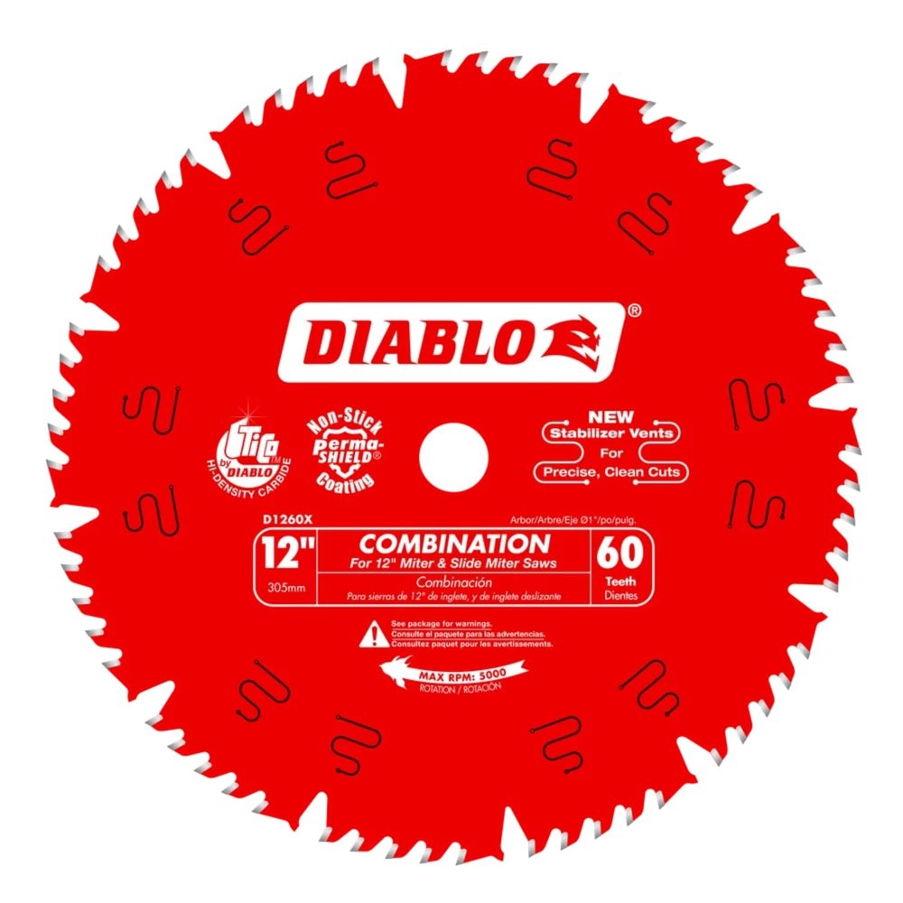 Diablo Combination Saw Blade for Wood - 12" Diameter, 60 Comb Teeth, 1" Arbor, .118" Kerf, 15 Hook Angle, .071" Plate, 6,000 Max RPM - D1260X