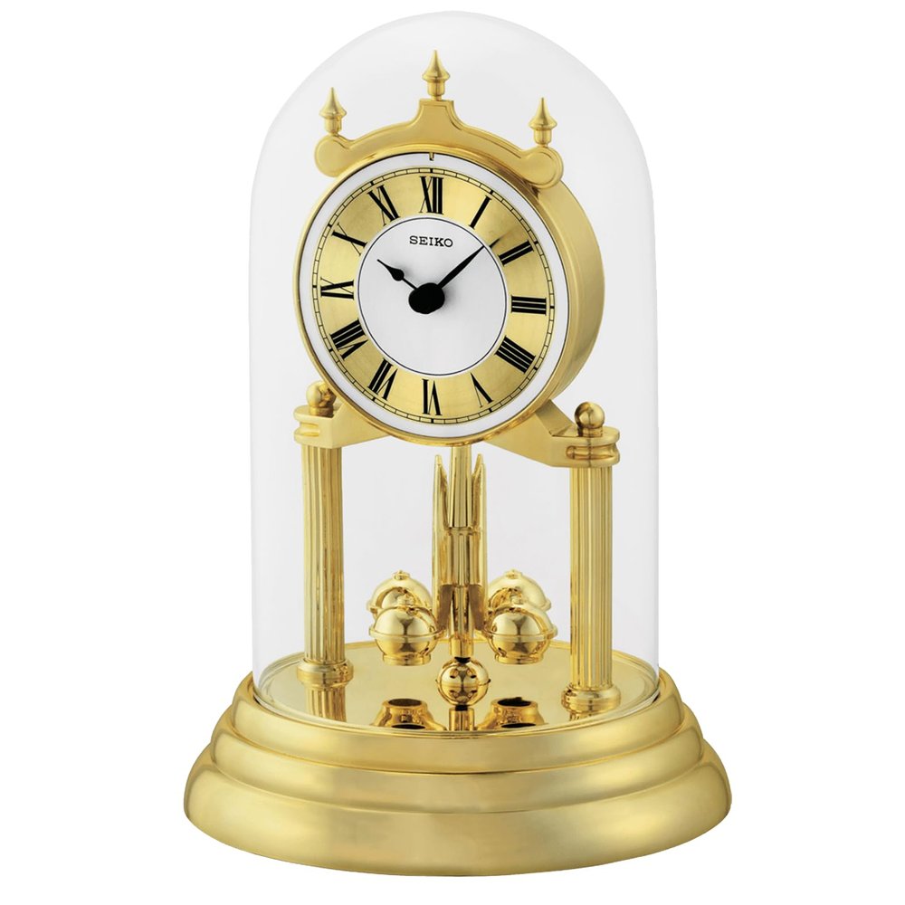 Seiko QHN006GLH Anniversary Mantel Clock with Glass Dome, Rotating Pendulum, 9.25 x 7 Inches