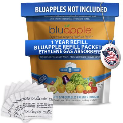 Bluapple Produce Saver Ethylene Gas Absorber - Fresh Fruit & Vegetable Storage, Food Savers for Refrigerator, 8 Packets (9g each), Each Packet Lasts 3 Months, Kitchen Must Haves, USA Made - Refill Kit