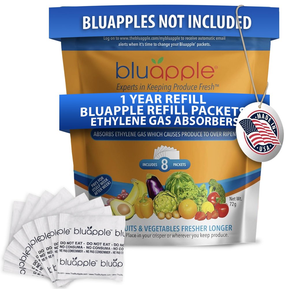 Bluapple Produce Saver Ethylene Gas Absorber - Fresh Fruit & Vegetable Storage, Food Savers for Refrigerator, 8 Packets (9g each), Each Packet Lasts 3 Months, Kitchen Must Haves, USA Made - Refill Kit
