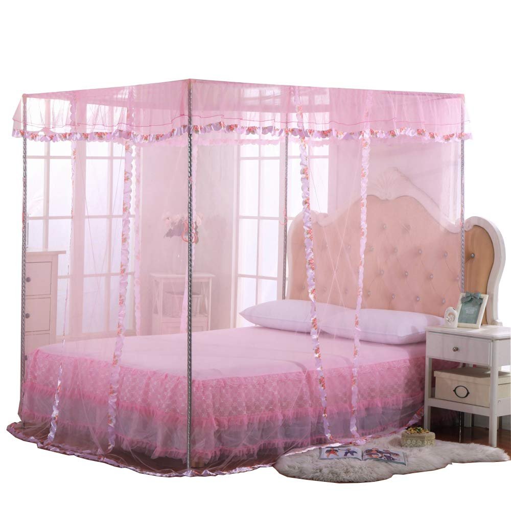JQWUPUP Twin Canopy Bed Curtains - 4 Corner Canopy for Beds, Bed Canopy for Girls Adults, Bedroom Decor (Twin Size, Pink)