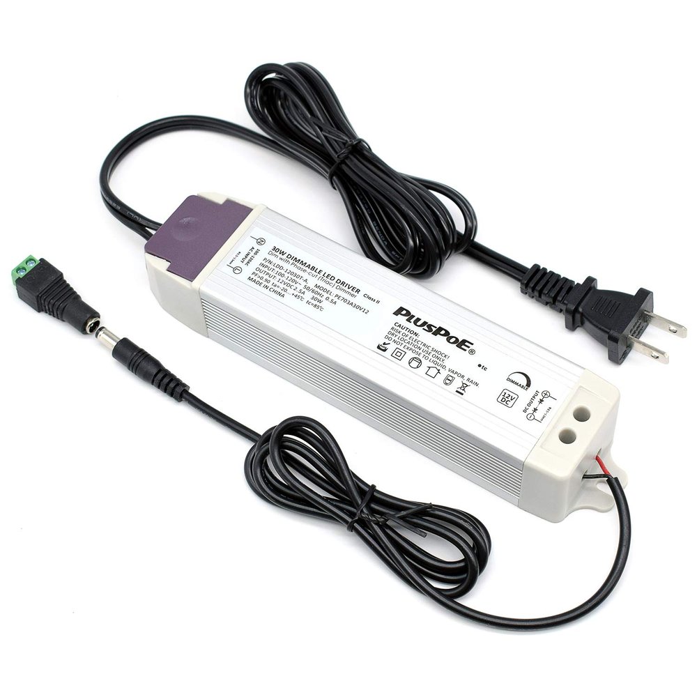 PLUSPOE 12V 30W Power Supply Driver TRIAC Dimmable Transformer for LED Flexible Strip Light (Works with Standard Wall AC Dimmers)