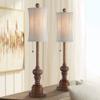 Regency Hill Bertie Traditional Natural Cottage Buffet Table Lamps 28" Tall Skinny Set of 2 Warm Brown Wood Tone Fabric Drum Shade Decor for Living Room Bedroom House Bedside Nightstand Home view 1
