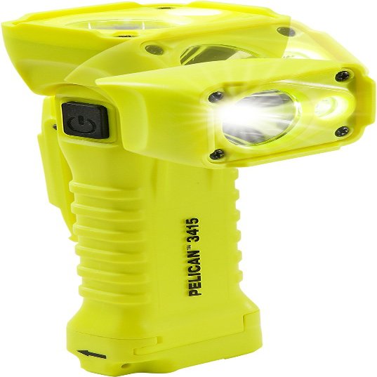 Pelican CVPKG Presents Yellow 3415M Right Angle Flashlight with magnetic clip.