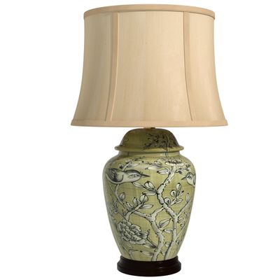 Red Lantern 25" Jade Green Birds and Flowers Lamp