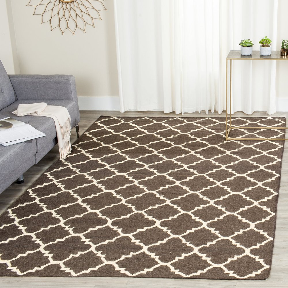 SAFAVIEH Dhurries Collection 6' x 9' Brown / Ivory DHU554C Handmade Flatweave Premium Wool Area Rug