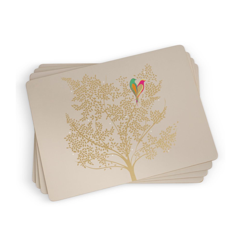 Pimpernel Sara Miller London Chelsea Collection Placemats, Set of 4  (15.7" x 11.7") Cork-Backed Board with Gold Foil Detailing & Elegant Bird Design, Heat & Stain Resistant Dining Dcor