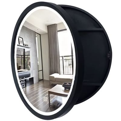 LED Medicine Cabinet Wall Mounted, Round Bathroom Mirror Cabinet, Recessed Mirror Cabinet with Light, with Storage Shelf (Color : Black, Size : 60cm)
