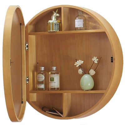LED Medicine Cabinet Wall Mounted, Round Bathroom Mirror Cabinet, Recessed Mirror Cabinet with Light, with Storage Shelf (Color : Beige, Size : 50cm)