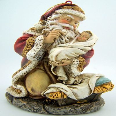 Kneeling Santa with Infant Figurine Resin Christmas Tree Ornament, 5 Inch