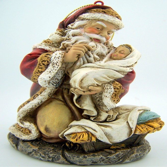 Kneeling Santa with Infant Figurine Resin Christmas Tree Ornament, 5 Inch