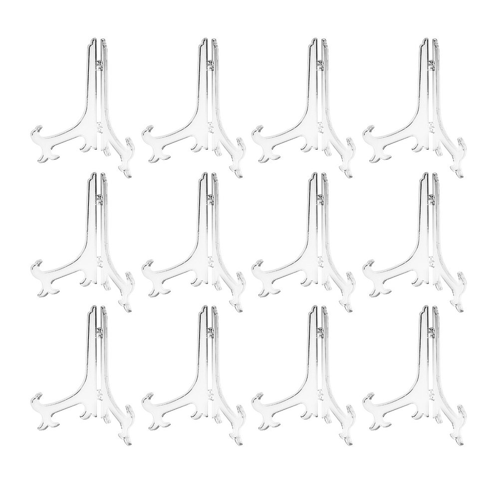 Super Z Outlet Clear Plastic Easels or Stand/Plate Holders to Display Pictures, Placecards, or Other Items at Weddings, Home Decoration, Birthdays, Tables (12 Pack) (8.5 Inch)