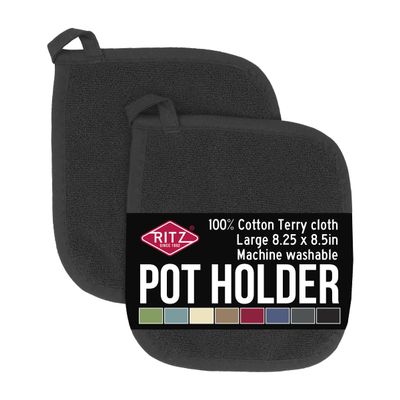 RITZ Terry Potholder & Hot Pad: Unparalleled Heat Resistant, Durable 100% Cotton  Ergonomically Designed for Optimal Grip  Easy-Care Machine Washable  2-Pack, Black