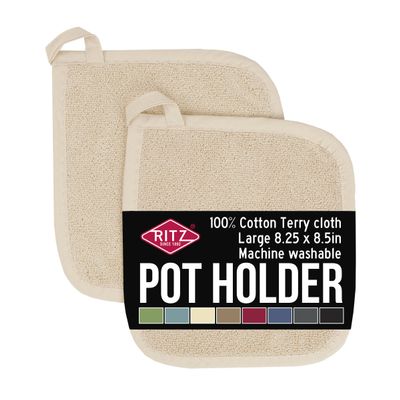 RITZ Terry Potholder & Hot Pad: Unparalleled Heat Resistant, Durable 100% Cotton Ergonomically Designed for Optimal Grip Easy-Care Machine Washable 2-Pack, Latte
