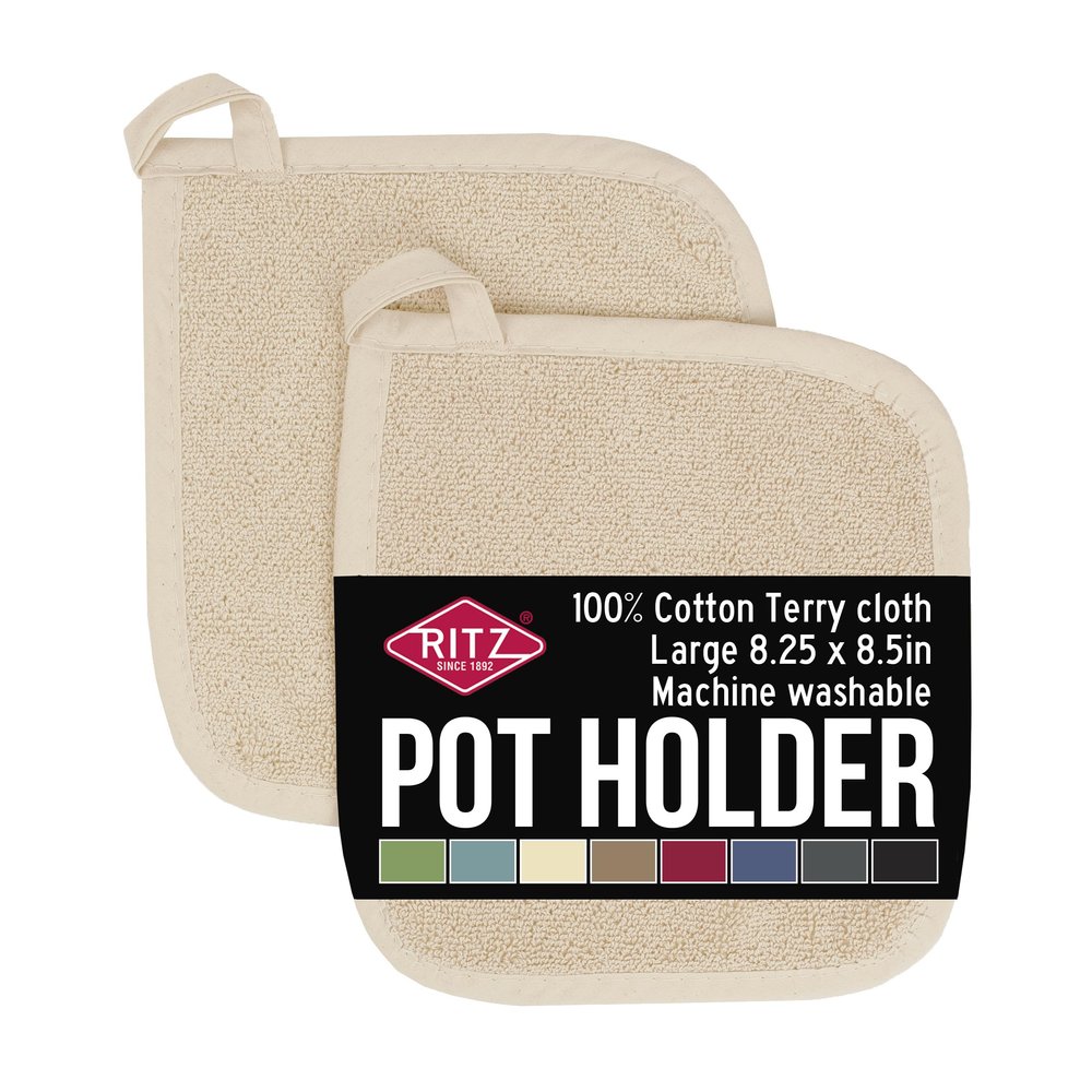RITZ Terry Potholder & Hot Pad: Unparalleled Heat Resistant, Durable 100% Cotton Ergonomically Designed for Optimal Grip Easy-Care Machine Washable 2-Pack, Latte