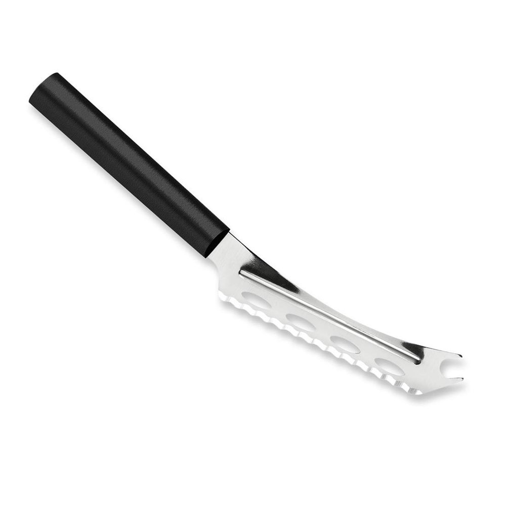 RADA Cutlery Cheese Knife (W239), 5.25" Stainless Steel Serrated Blade with Ridged Cutouts and Forked End, Made in USA, Black Handle