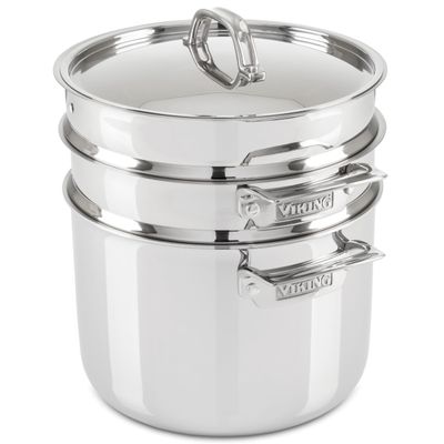 Viking 3-Ply Stainless Steel Pasta Pot with Lid, 8 Quart, 4 Piece Multipot Kitchen Cookware, Includes Pasta Insert and Steamer Basket, Dishwasher and Oven Safe, Induction Ready, Silver