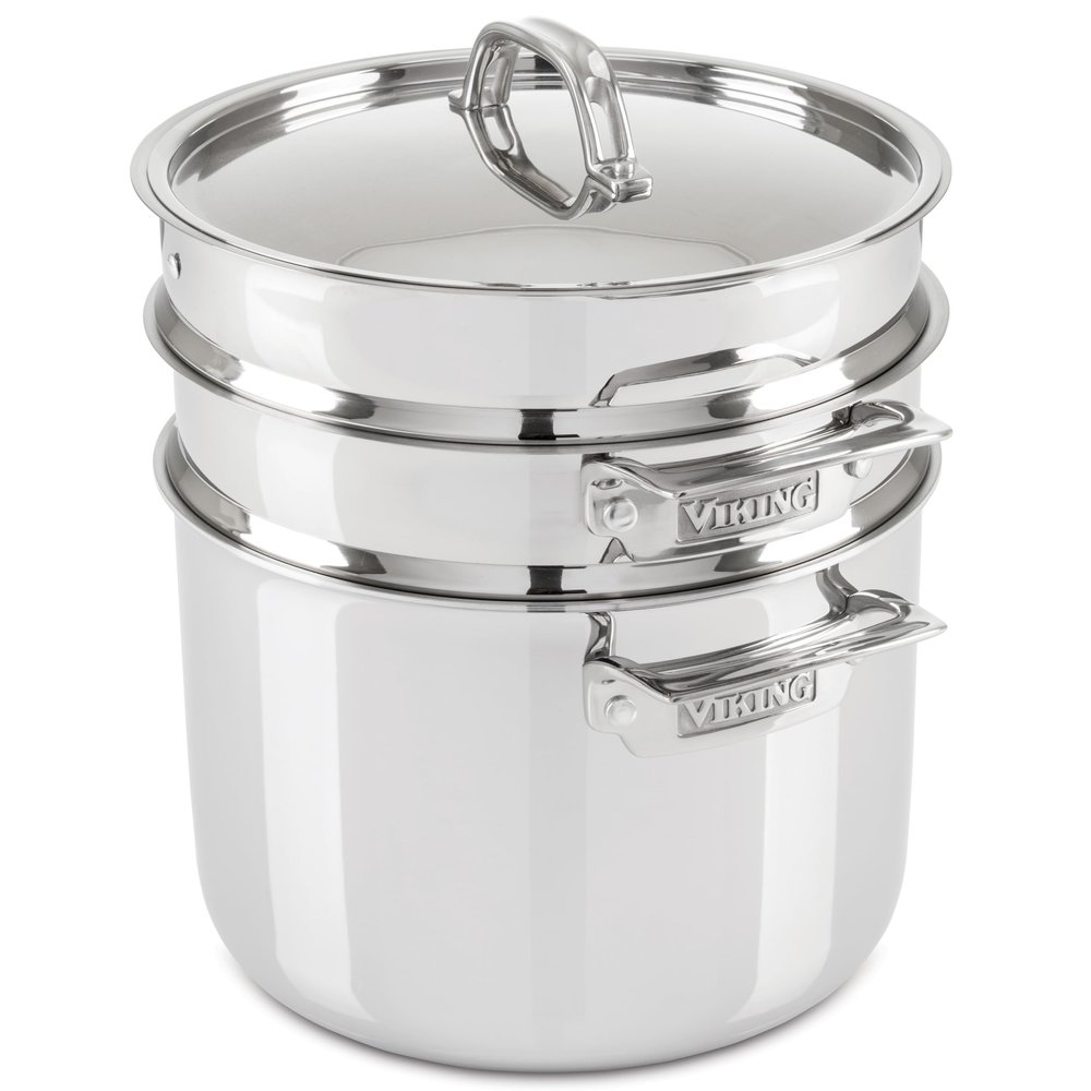 Viking 3-Ply Stainless Steel Pasta Pot with Lid, 8 Quart, 4 Piece Multipot Kitchen Cookware, Includes Pasta Insert and Steamer Basket, Dishwasher and Oven Safe, Induction Ready, Silver