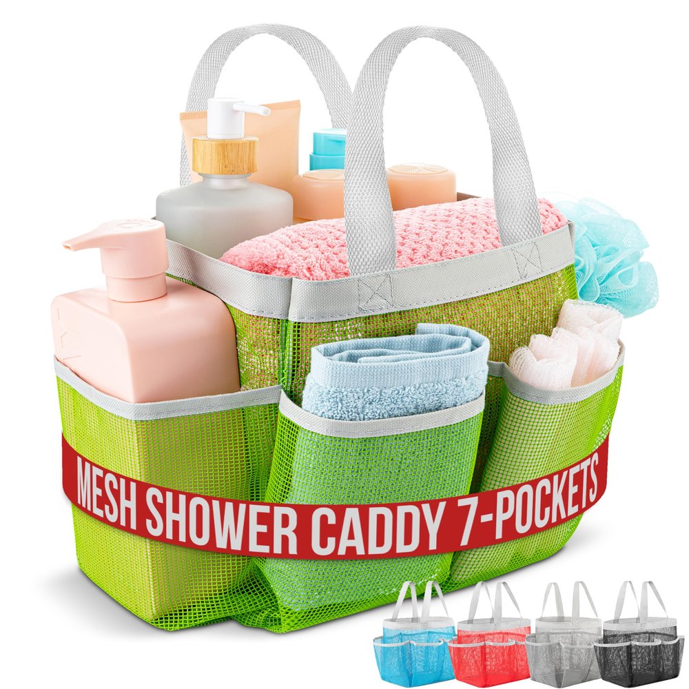 Handy Laundry Mesh Shower Caddy - 7 Pocket Portable Bathroom Organizer Tote for Travel, Gym & Dorm - Collapsible Small Shower Caddy Bag to Hold Toiletries & Essentials (Green)