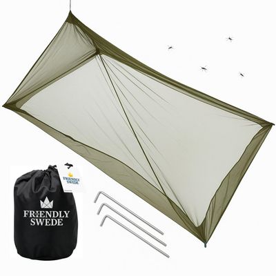 The Friendly Swede Outdoor Mosquito Net Mosquito Netting for Camping & Bed - Army Green Bug Net with Stuff Sack, 4 Ground Stakes & Adjustable Cord - Single Bug Tent