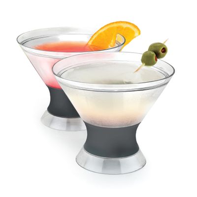 Host Freeze Insulated Martini Cooling Cups, Plastic Freezer Gel Chiller Double Wall Stemless Cocktail Glass Set of 2, 9 oz, Grey