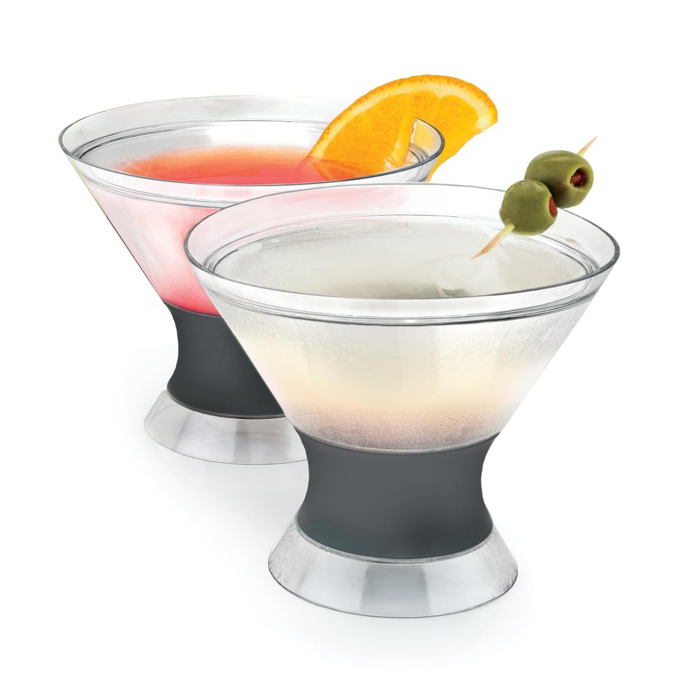 Host Freeze Insulated Martini Cooling Cups, Plastic Freezer Gel Chiller Double Wall Stemless Cocktail Glass Set of 2, 9 oz, Grey