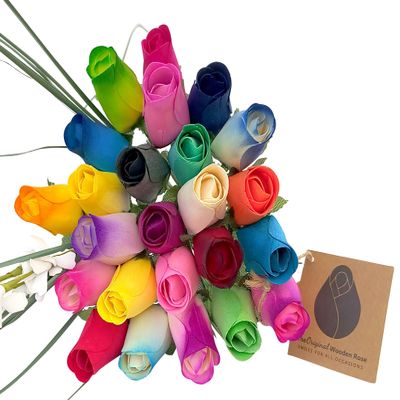 The Original Wooden Rose Assorted Colors Wooden Rose Closed Bud Bouquets 2 Dozen