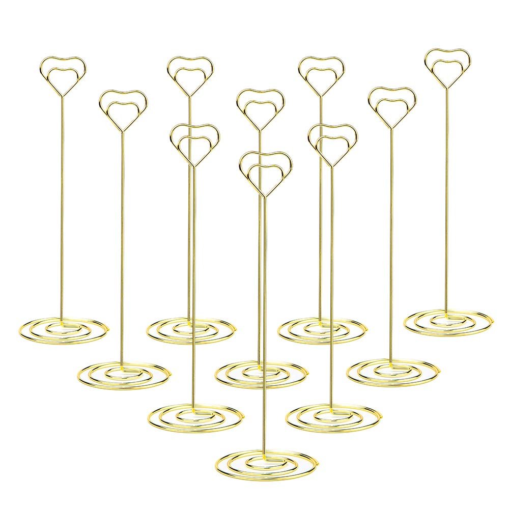 Jofefe 10pcs 8.6 Inch Tall Place Card Holder Table Number Holder Table Card Holder Table Number Stands with Heart Shap Photo Memo Clips for Wedding Favors, Gold