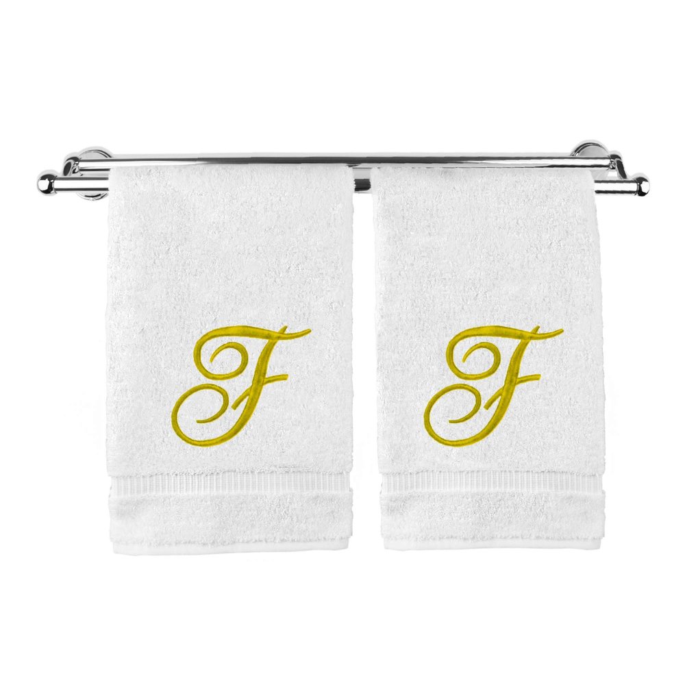 Monogrammed Hand Towel, Personalized Gift, 16 x 30 Inches - Set of 2 - Gold Embroidered Towel - Extra Absorbent 100% Turkish Cotton- Soft Terry Finish - for Bathroom, Kitchen and Spa- Script F White