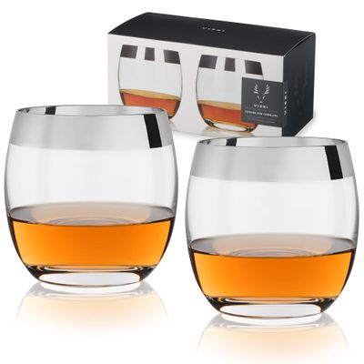 Viski Irving Chrome Rim Crystal Lowball Tumblers Set of 2 - Premium Crystal Clear Cocktail Glass Gold Rimmed Glassware, Stylish Lowball Whiskey Glass Gift Set, 9 oz