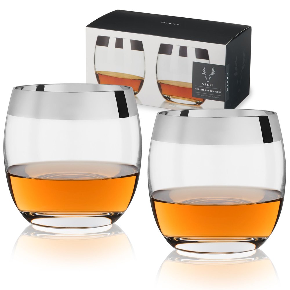 Viski Irving Chrome Rim Crystal Lowball Tumblers Set of 2 - Premium Crystal Clear Cocktail Glass Gold Rimmed Glassware, Stylish Lowball Whiskey Glass Gift Set, 9 oz