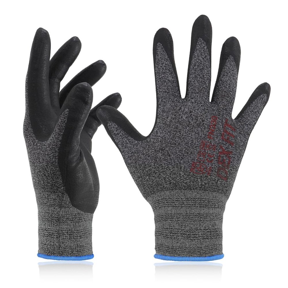 DEX FIT Nitrile Work Gloves FN330, 12 Pairs, 3D-Comfort Stretchy Fit, Firm Grip, Thin & Lightweight, Touch-Screen Compatible, Durable, Breathable & Cool, Machine Washable; Black Grey L (9)