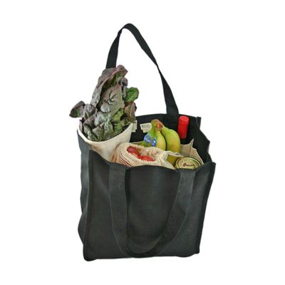 Simple Ecology Organic Cotton Deluxe Reusable Grocery Shopping Bag with Bottle Sleeves and Rigid Bottom Support (UPDATED DESIGN) - Black