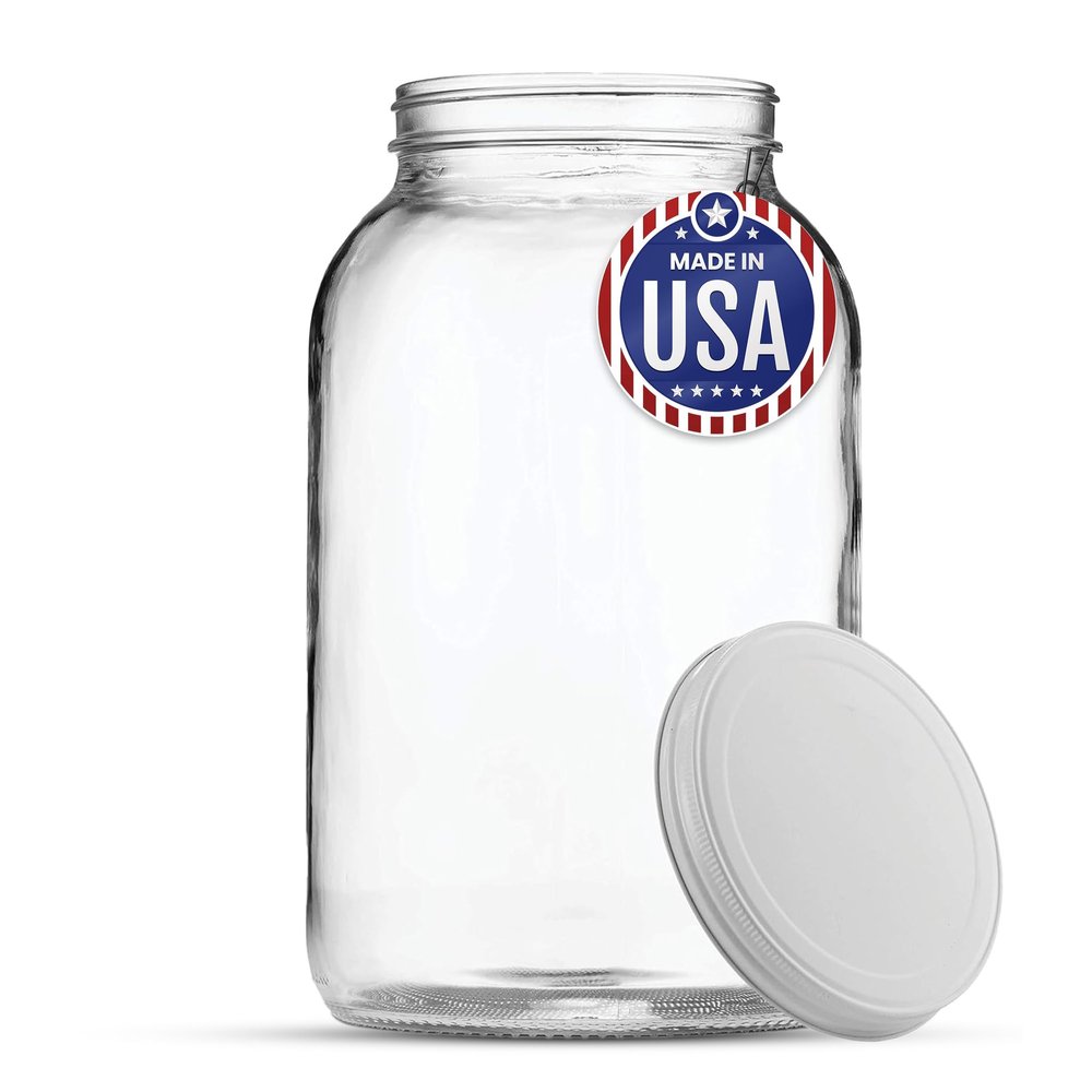 FastRack 1 Gallon Wide Mason Jar with White Airtight Lid | Regular Glass Canisters with Airtight Lids | Large Mouth Glass Jar for Food Storage, Canning, Fermentation, Pickling