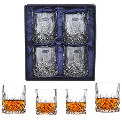 Amlong Crystal Lead-Free Double Old Fashioned Crystal Whiskey Glass - Classic Stylish Design Perfect for Scotch, Bourbon, Cognac and Cocktail Glasses, 9 oz., Set of 4 With Gift Box