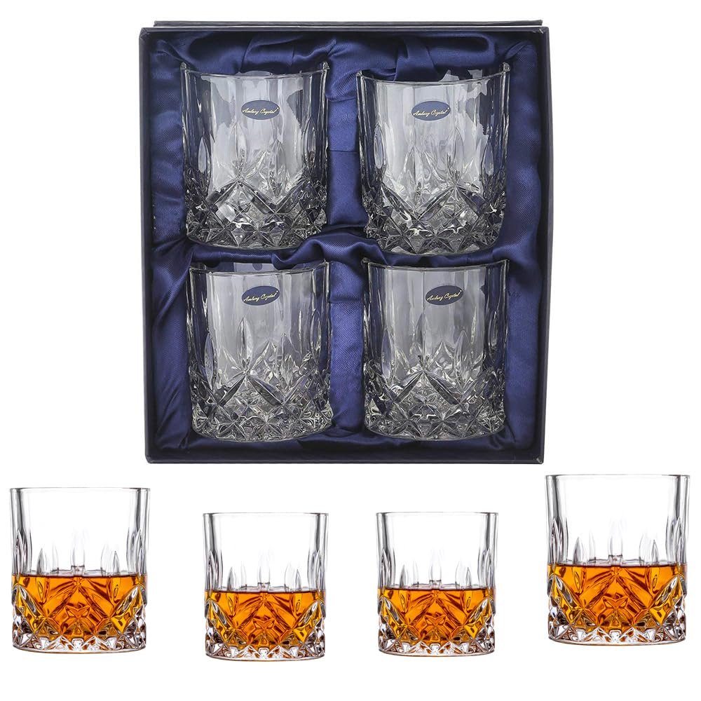 Amlong Crystal Lead-Free Double Old Fashioned Crystal Whiskey Glass - Classic Stylish Design Perfect for Scotch, Bourbon, Cognac and Cocktail Glasses, 9 oz., Set of 4 With Gift Box