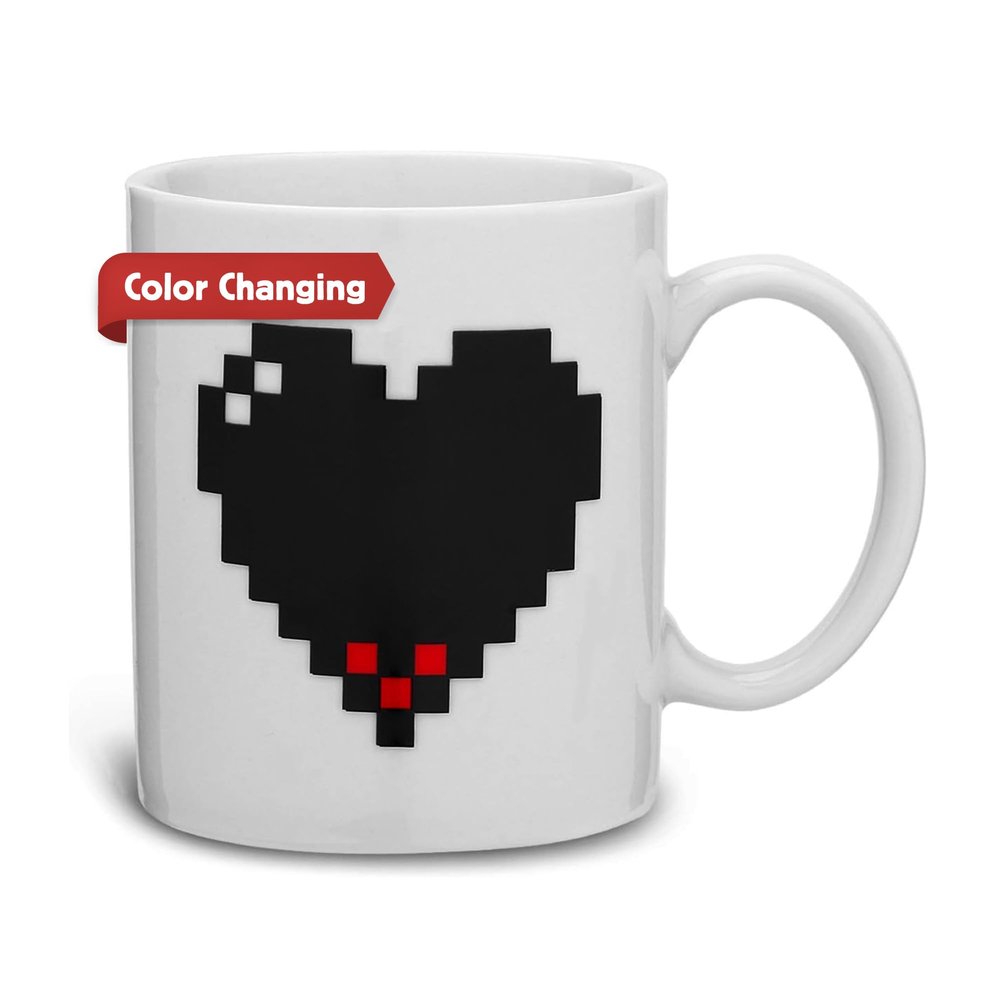 Kikkerland Pixel Heart Morphing Mug Color Changing Cup Reacts to Heat Fun Gift for Coffee, Hot Cocoa, & Hot Beverages