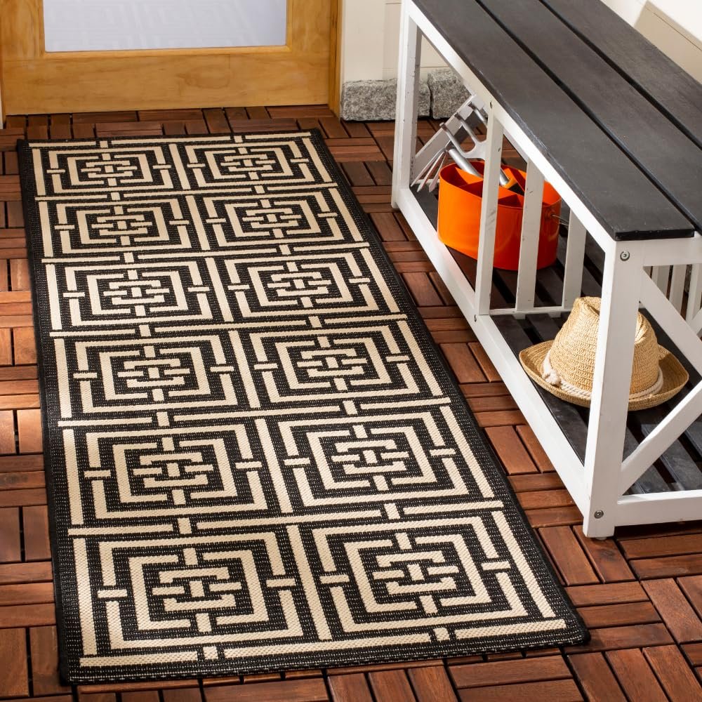 SAFAVIEH Washable Rug Outdoor Courtyard Collection - 2'3" x 6'7" Runner, Black & Bone, Non-Shedding & Easy Cleaning, Ideal for Patio, Entryway, Mudroom, Hallway, Kitchen (CY6937-26)