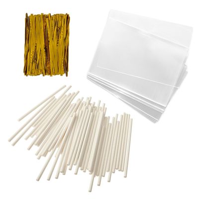 Baking Addict 100 Cake Pop Treat Bag Sets Metallic Twist Ties, Lollipop Sticks, Clear Cello Favor Bags, 4" W, Gold