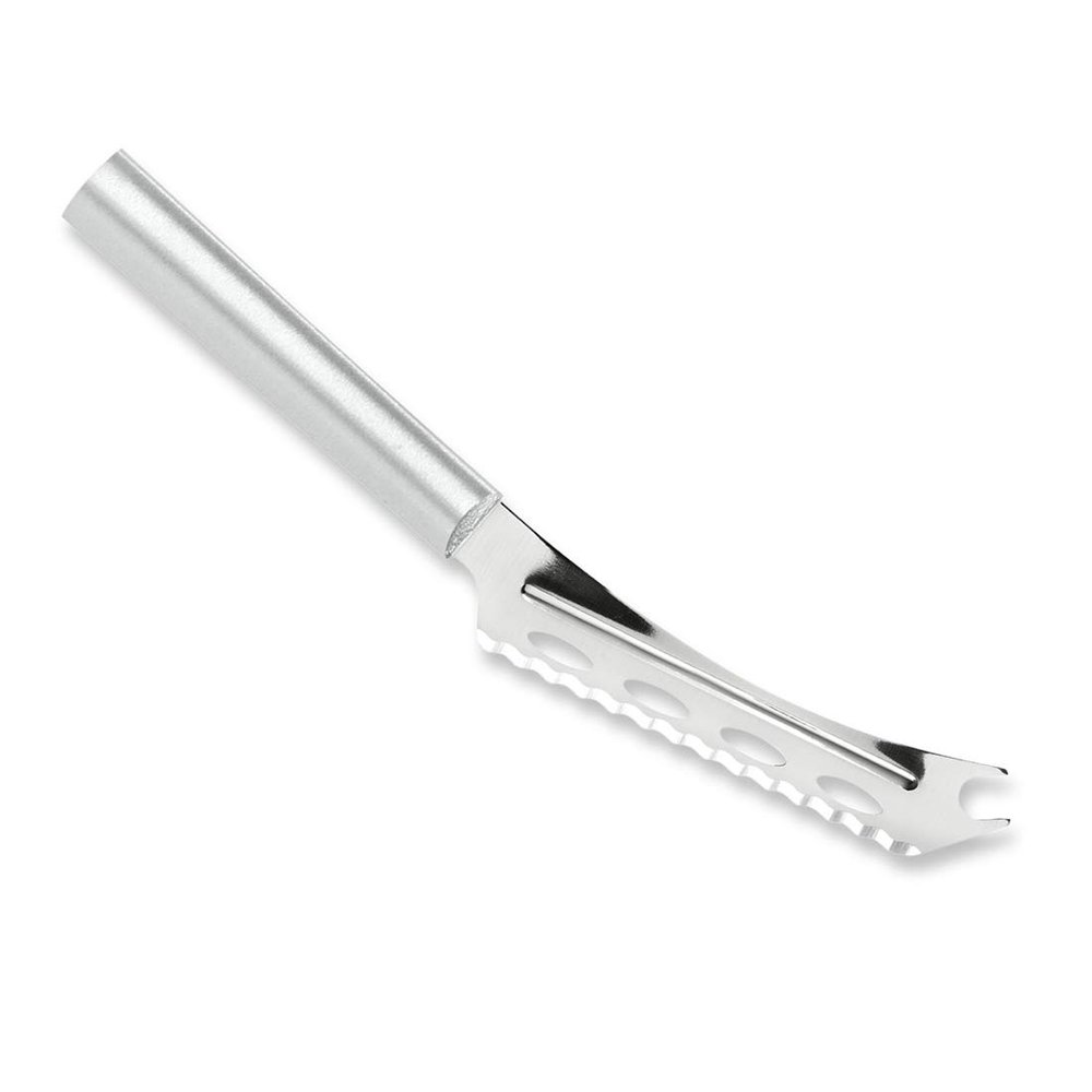 RADA Cutlery Cheese Knife (R139), 5.25" Stainless Steel Serrated Blade with Ridged Cutouts and Forked End, Made in USA, Silver Handle