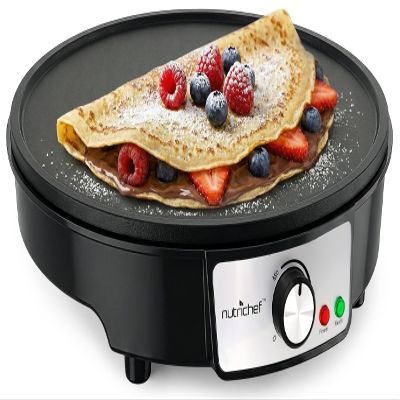 Nutrichef Electric Crepe Maker & Griddle Cooktop - Nonstick 12 Inch Aluminum Hot Plate with LED Indicator Lights & Adjustable Temperature Control - Wooden Spatula & Batter Spreader Included