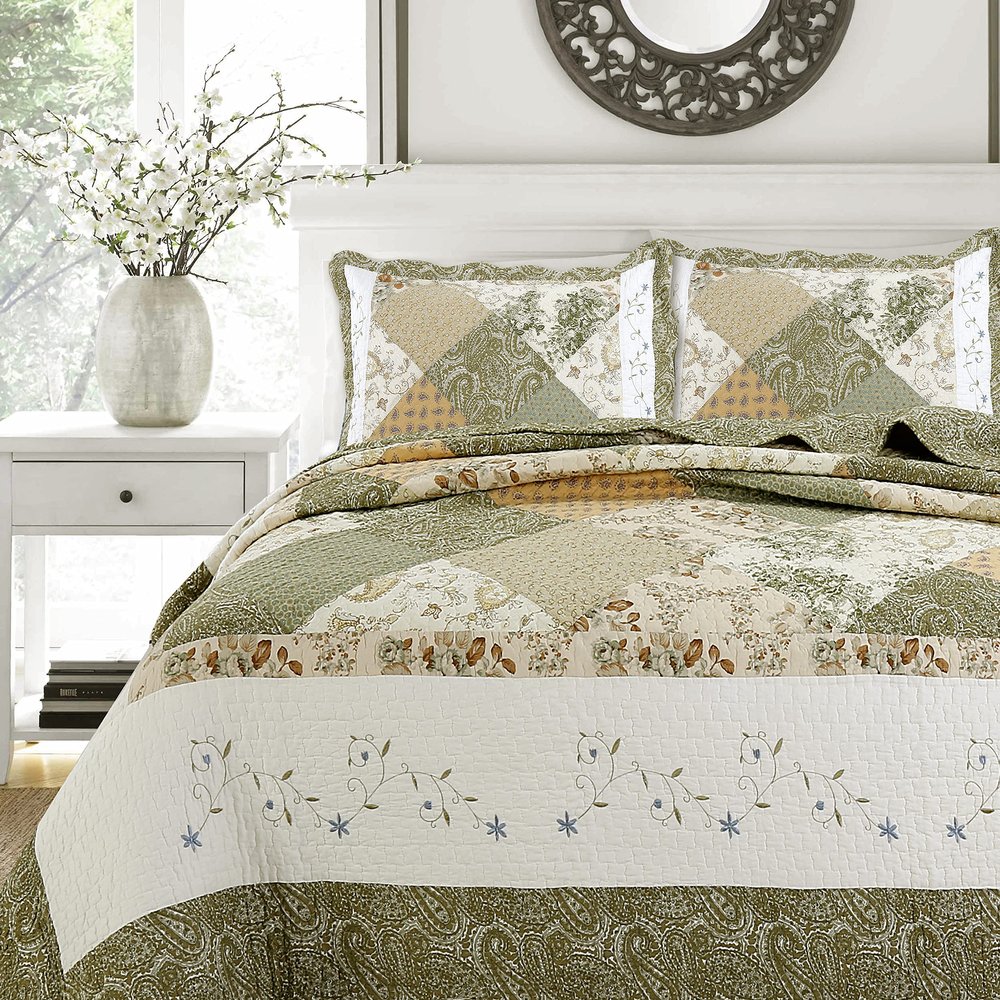 Cozy Line Home Fashions Floral Real Patchwork Green Beige Khaki Yellow Scalloped Edge Country 100% Cotton Quilt Bedding Set, Reversible Coverlet Bedspread (Laura, Twin - 2 Piece)