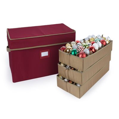 Covermates Keepsakes Adjustable Ornament Storage Box  Heavy-Duty Polyester, Padded Dividers & FlexGrid Trays  Protective Holiday Organizer with Stackable Walls & Label Window, Red